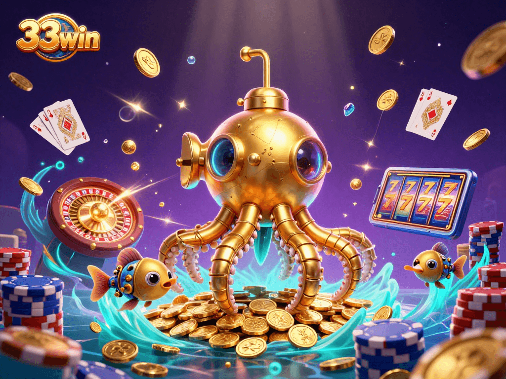 Experience the thrill of 33win with a golden kraken submarine amidst dazzling casino elements.