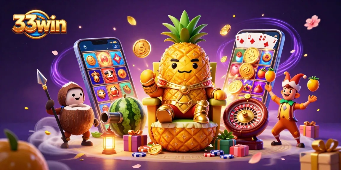 Engage with 33win’s vibrant casino world featuring a golden pineapple king on a fruit throne.