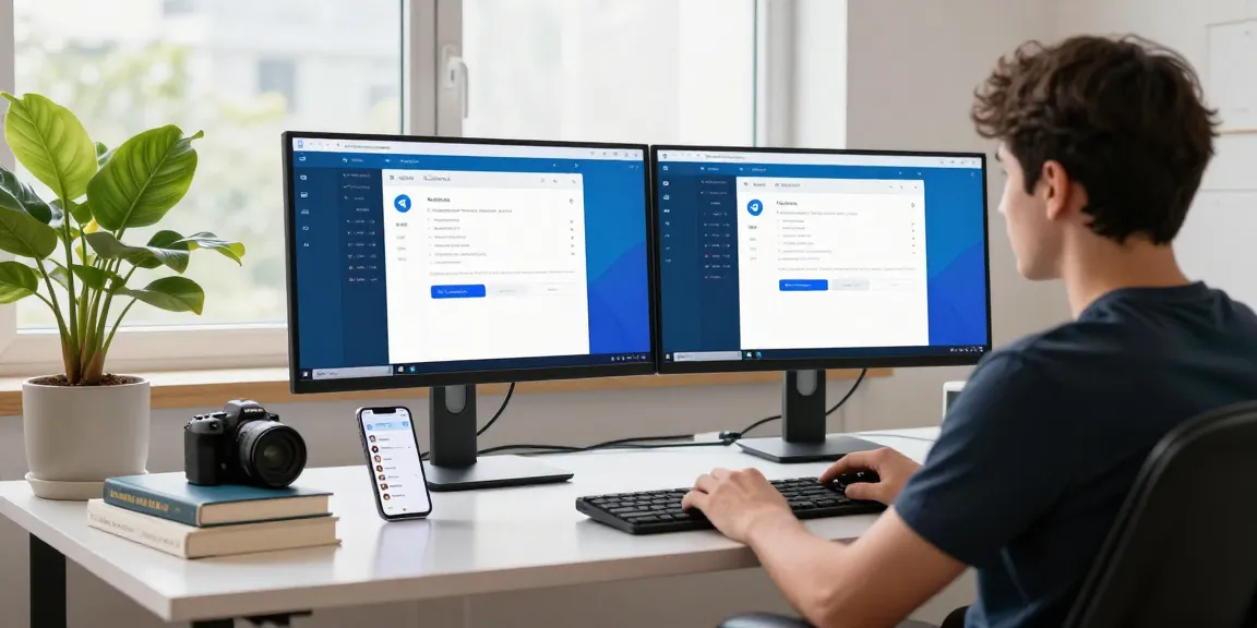 Download Telegram in an inspiring tech workspace with screens showing the app interface and a relaxed atmosphere.