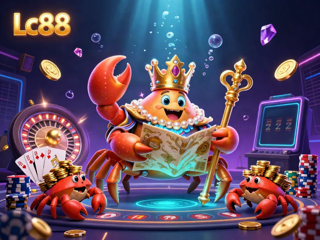 Experience the thrill of Lc88 with a majestic crab emperor amidst a dynamic casino setting.