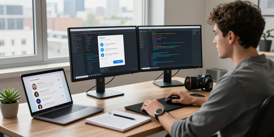 Showcase of a developer's workspace during a Telegram Download process, with dual monitors displaying app coding and interface.