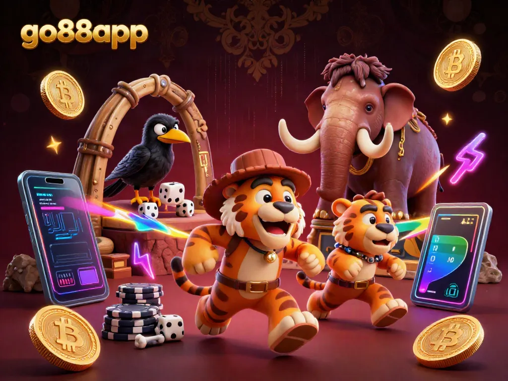 Join the action at go88app with a vibrant, dynamic 3D illustration showcasing immersive casino elements.