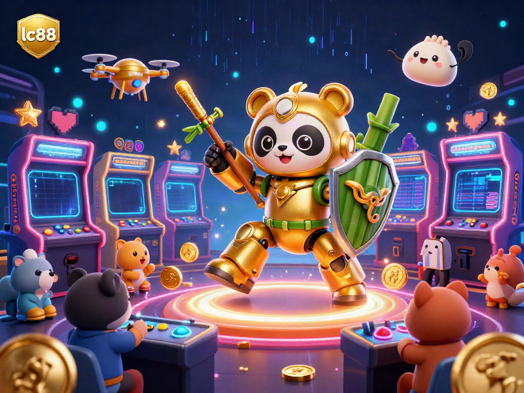 Experience thrilling gaming at lc88 with a dynamic scene of a panda in a mech-suit battling in a vibrant casino.