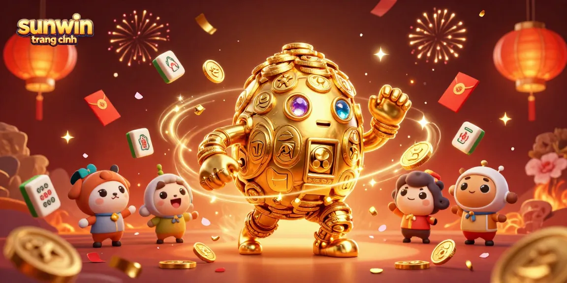 Experience the thrill of winning with sunwin trang chính in this vibrant 3D illustration showcasing a golden golem surrounded by festive elements.