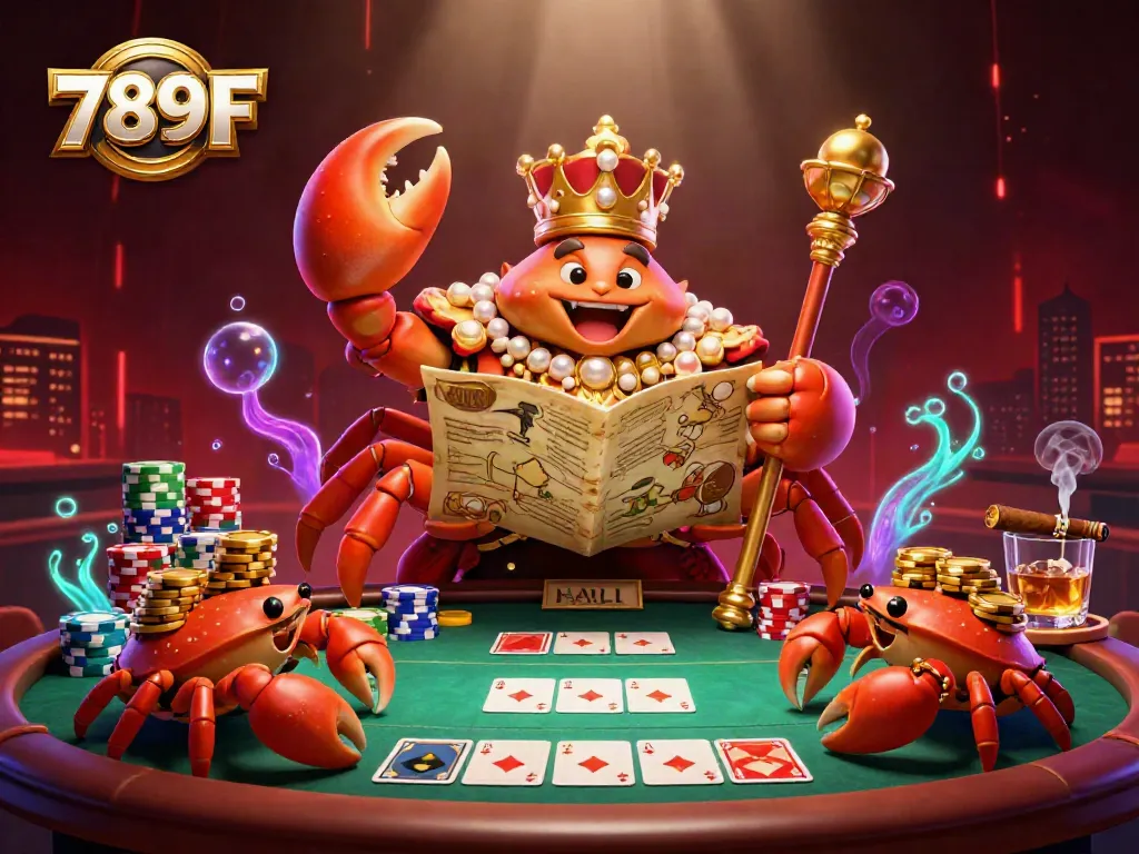 Engage with 789F's gaming universe, showcasing a golden crab emperor surrounded by poker elements and vibrant decorations.